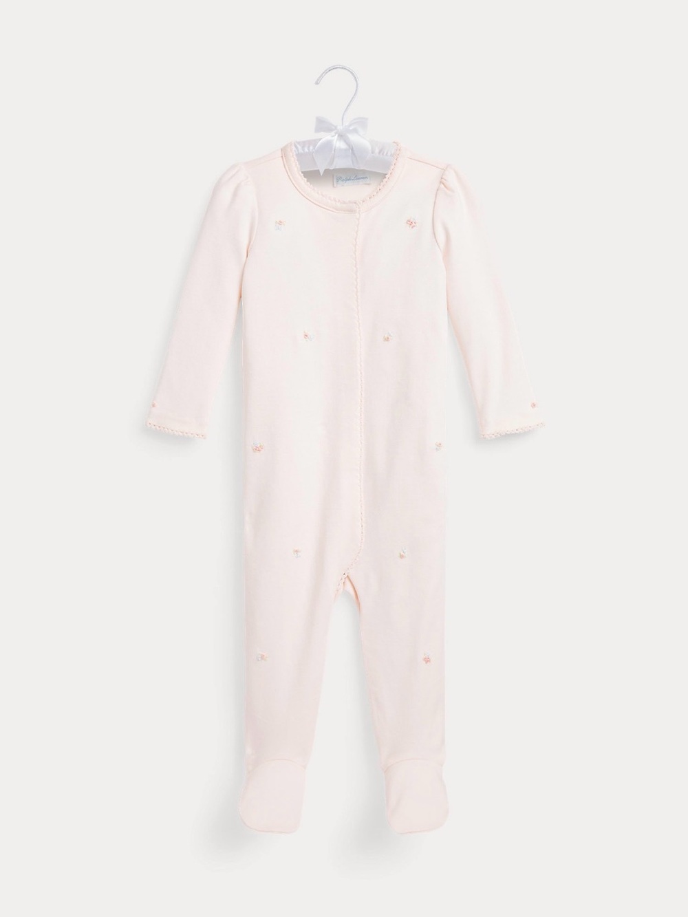 Ralph Lauren Pale Pink Long-Sleeve Footed One-Piece with Embroidered Flowers
